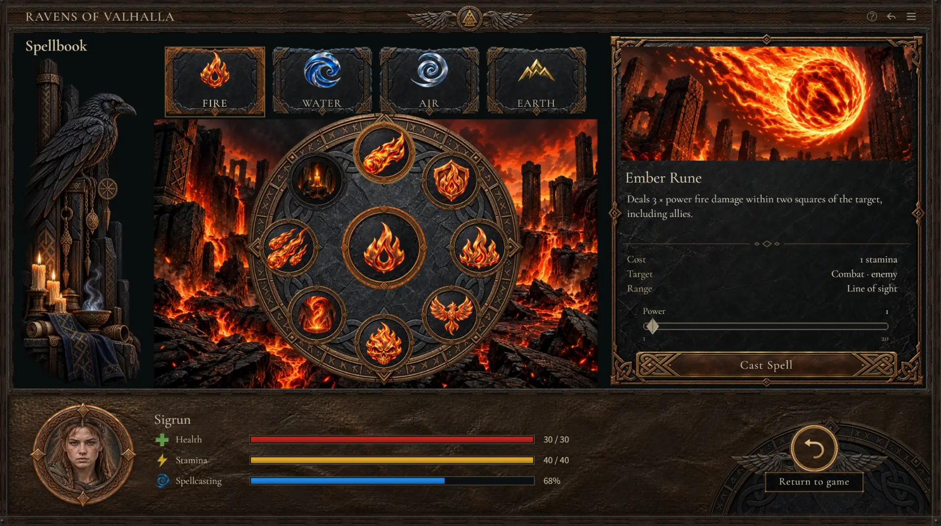Spellbook interface — Fire element, with Sigrun selected