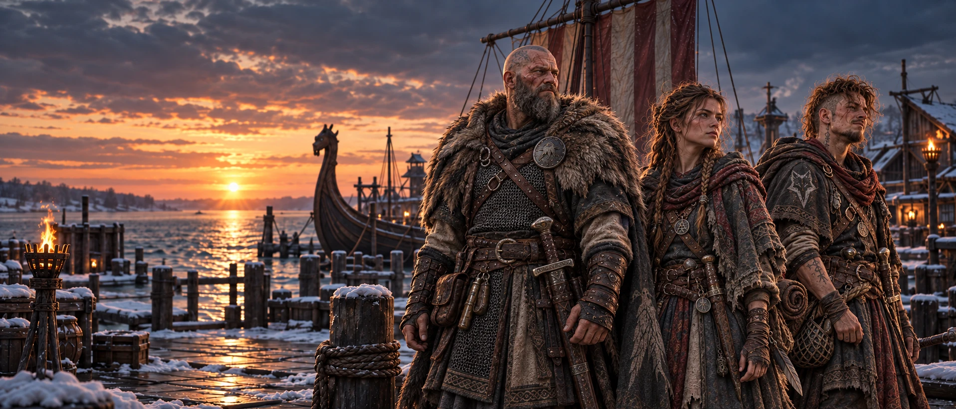 Einar, Sigrun and Ketil at a snow-dusted timber harbor beside a longship